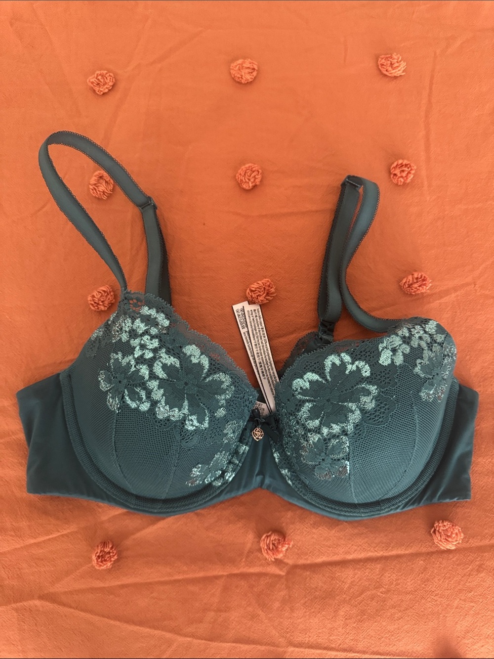 Victoria’s Secret Teal Lace Underwire Bra with Floral Embroidery- 36C